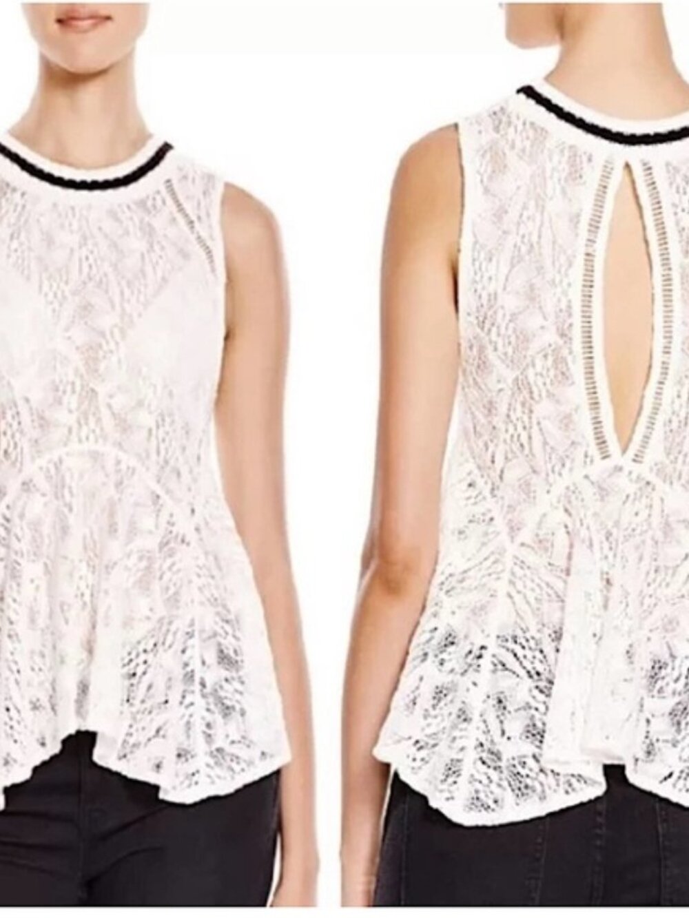 Free People Peplum Tank Top Womens Large Ivory Floral Lace Keyhole Back Contrast